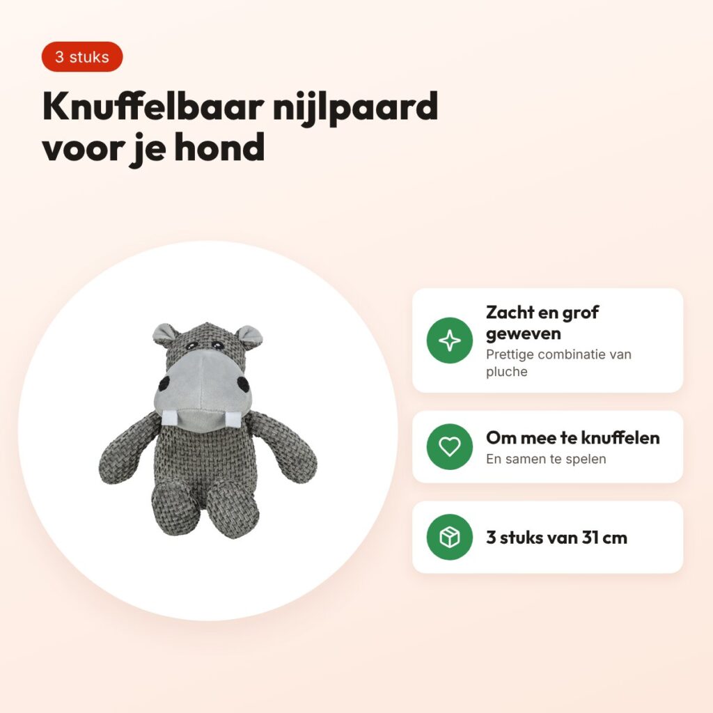 Trixie hondenknuffel nijlpaard pluche 31 cm, 3 stuks – voordelen