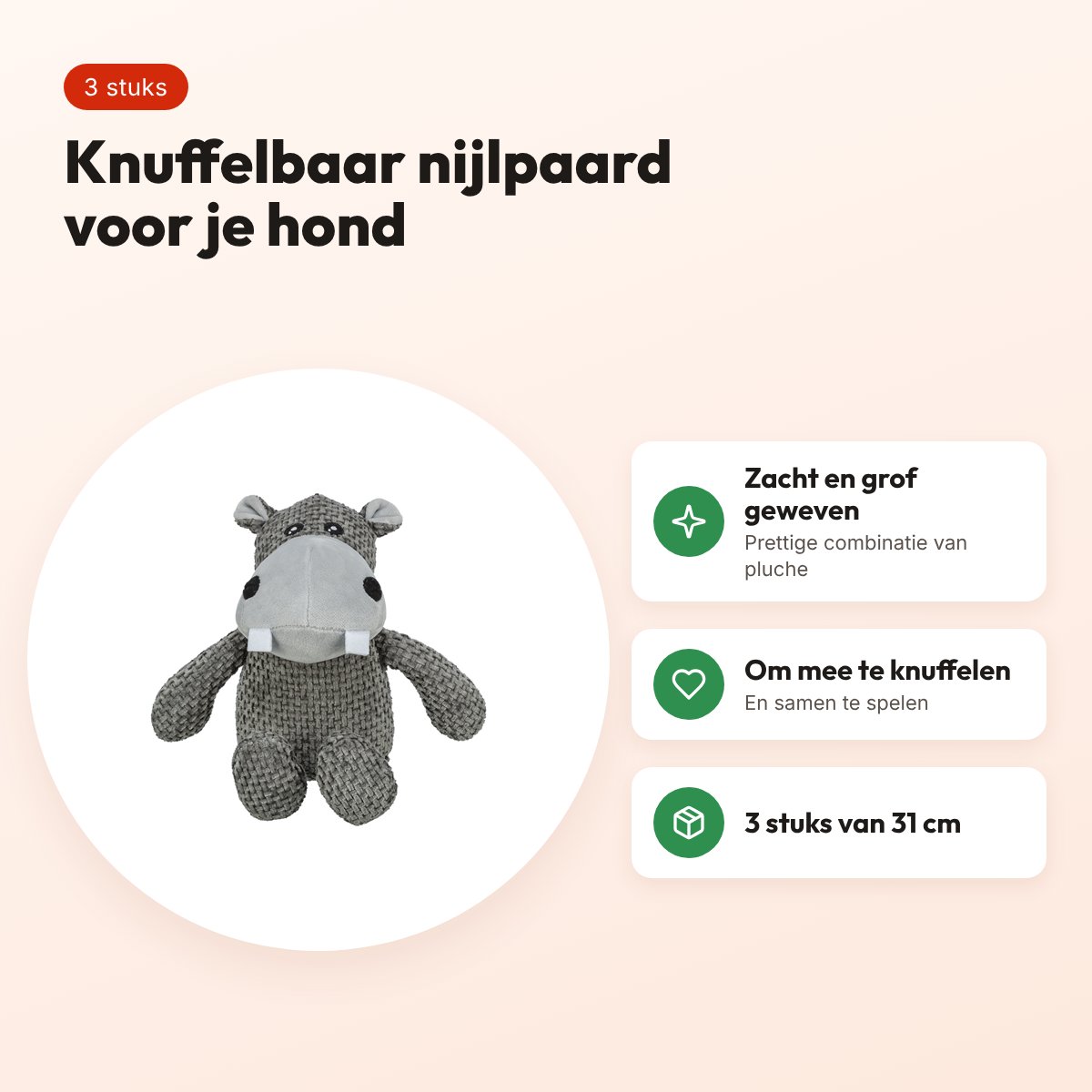 Trixie hondenknuffel nijlpaard pluche 31 cm, 3 stuks – voordelen
