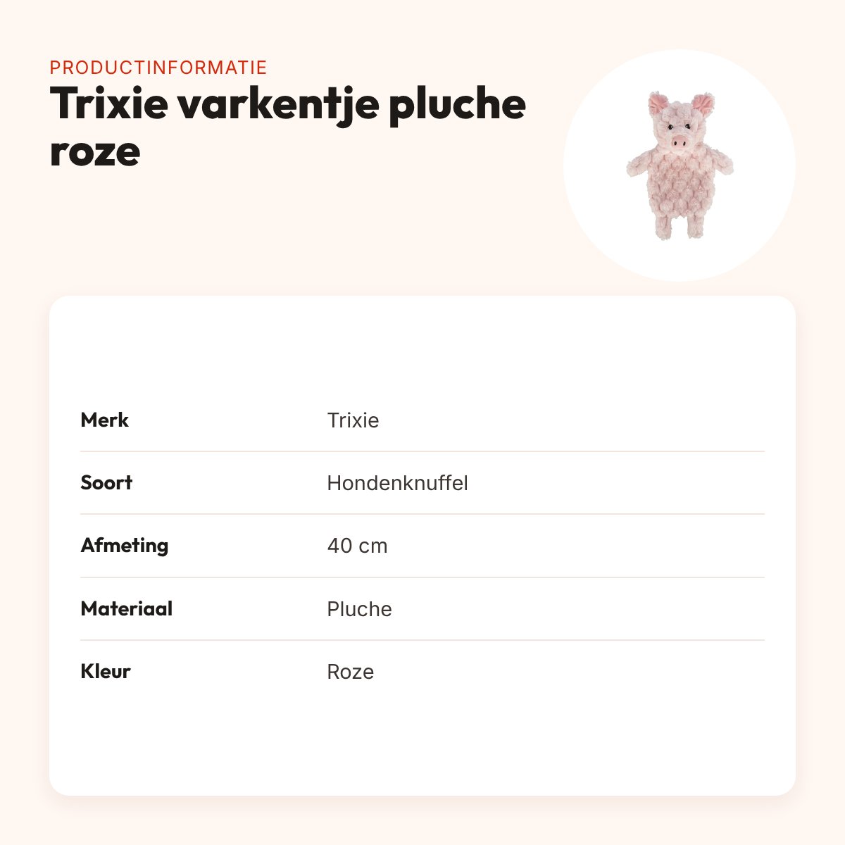 Trixie hondenknuffel varkentje pluche roze 40 cm – productinformatie