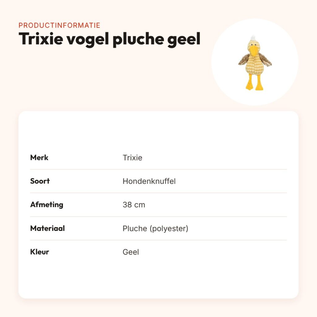 Trixie hondenknuffel vogel pluche geel 38 cm – met geluid – productinformatie