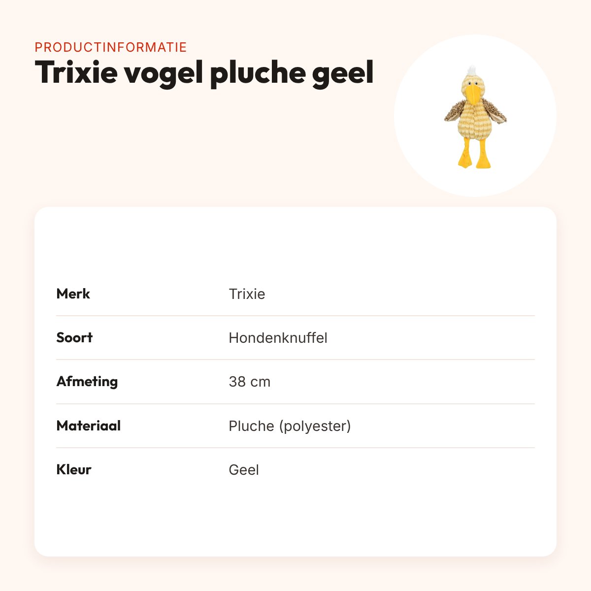 Trixie hondenknuffel vogel pluche geel 38 cm – met geluid – productinformatie