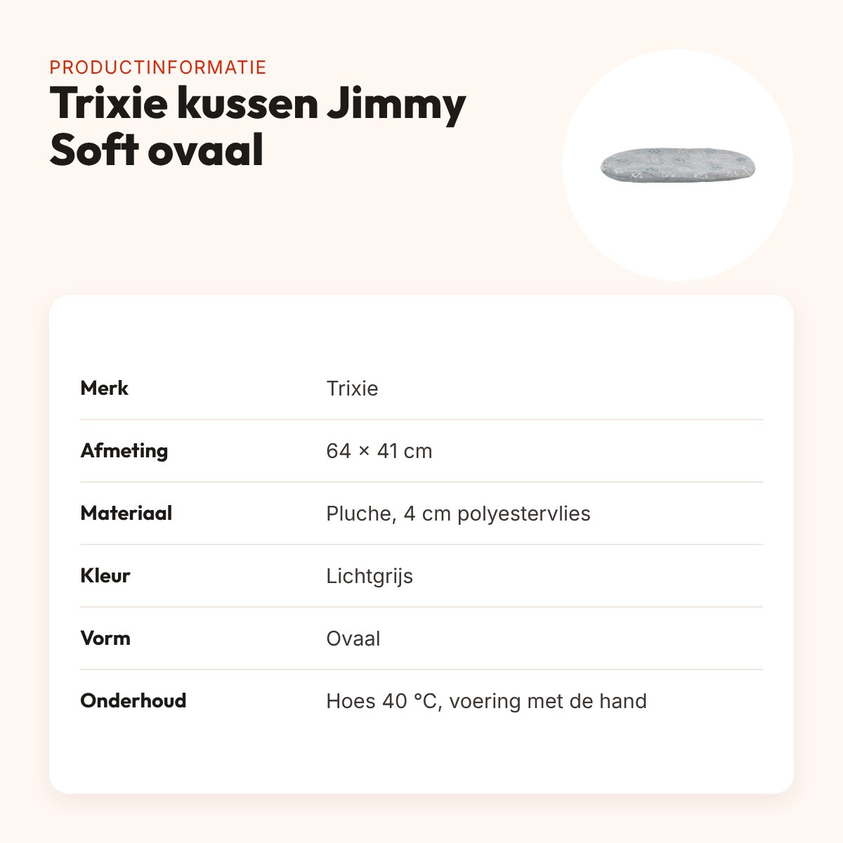 Trixie hondenkussen Jimmy Soft ovaal lichtgrijs 64 x 41 cm – pluche – productinformatie