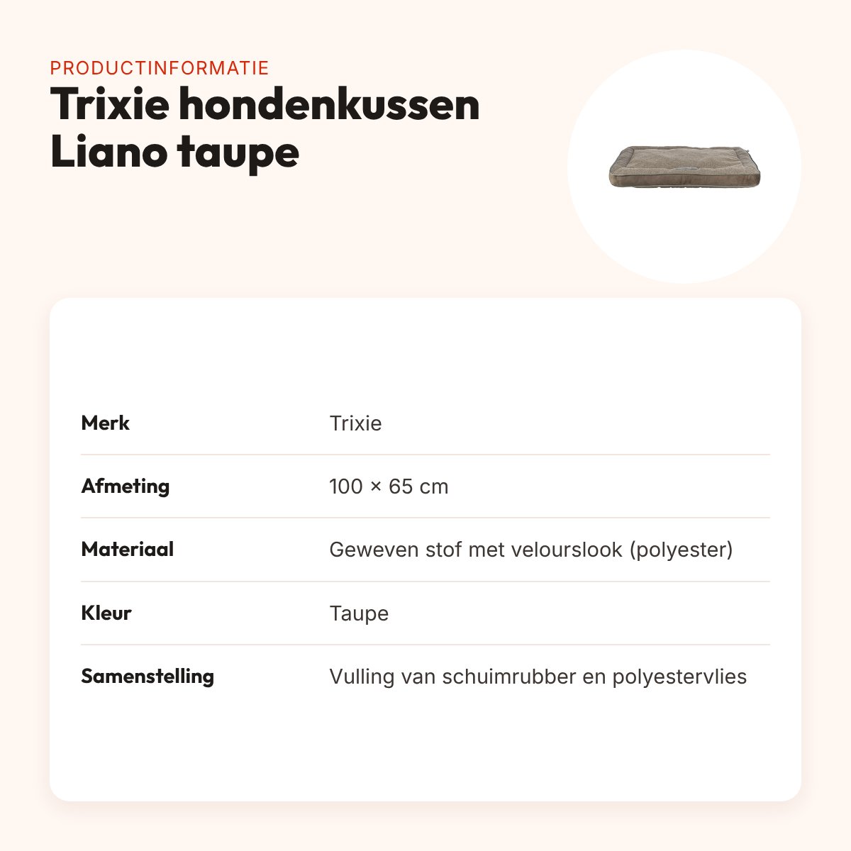 Trixie hondenkussen Liano hoekig velours taupe 100 x 65 cm – productinformatie