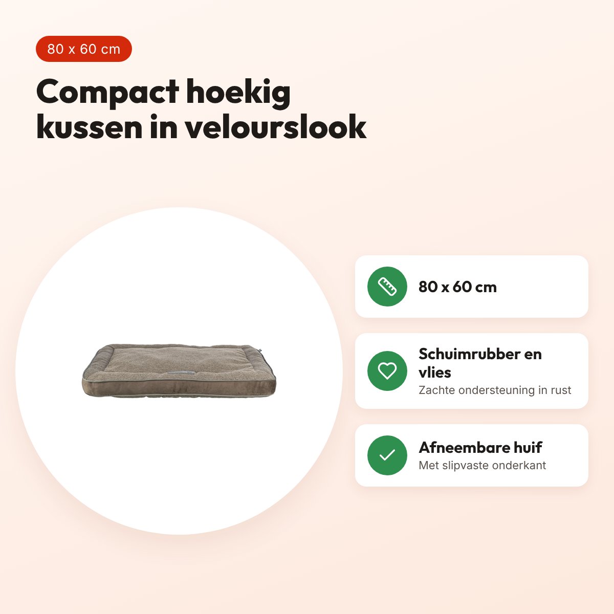 Trixie hondenkussen Liano hoekig velours taupe 80 x 60 cm – voordelen