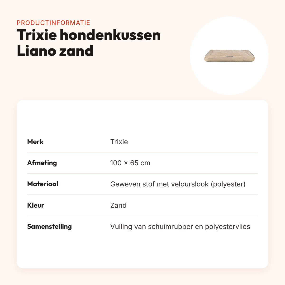 Trixie hondenkussen Liano hoekig velours zand 100 x 65 cm – productinformatie
