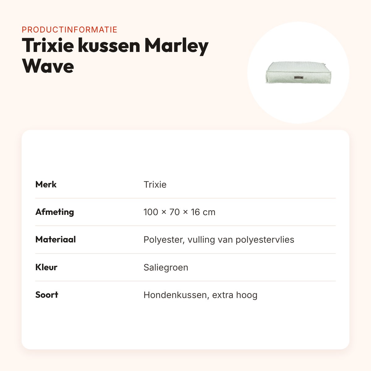 Trixie hondenkussen Marley Wave saliegroen 100 x 70 x 16 cm – extra hoog – productinformatie