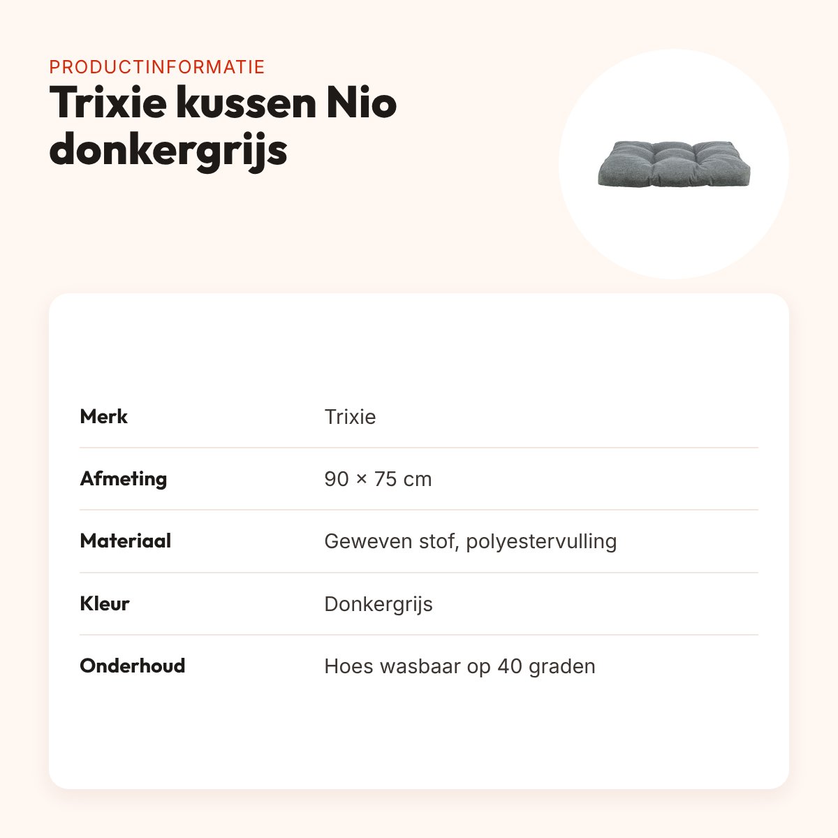 Trixie hondenkussen Nio donkergrijs 90 x 75 cm – waterafstotend, antislip – productinformatie