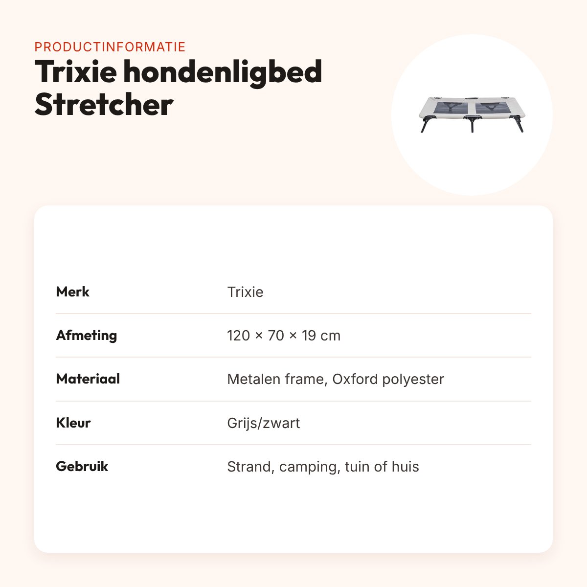 Trixie hondenligbed Stretcher grijs/zwart 120 x 70 x 19 cm – inklapbaar – productinformatie