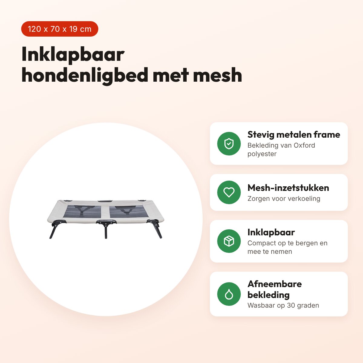 Trixie hondenligbed Stretcher grijs/zwart 120 x 70 x 19 cm – inklapbaar – voordelen