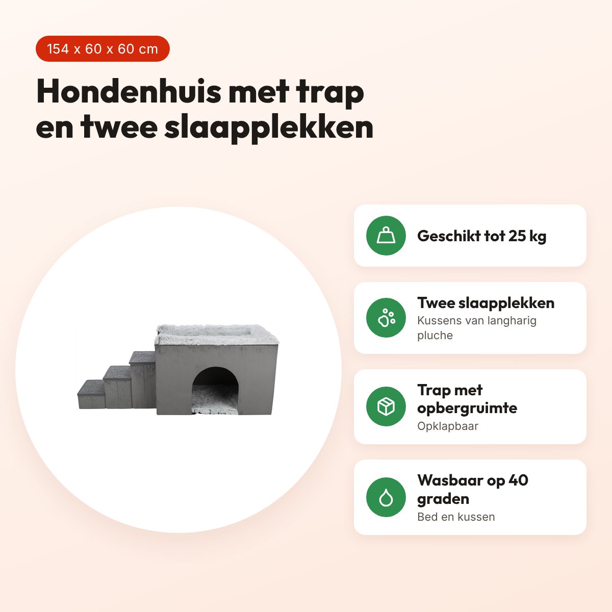 Trixie hondenmand Huis Harvey met trap grijs/wit 154 x 60 x 60 cm – voordelen