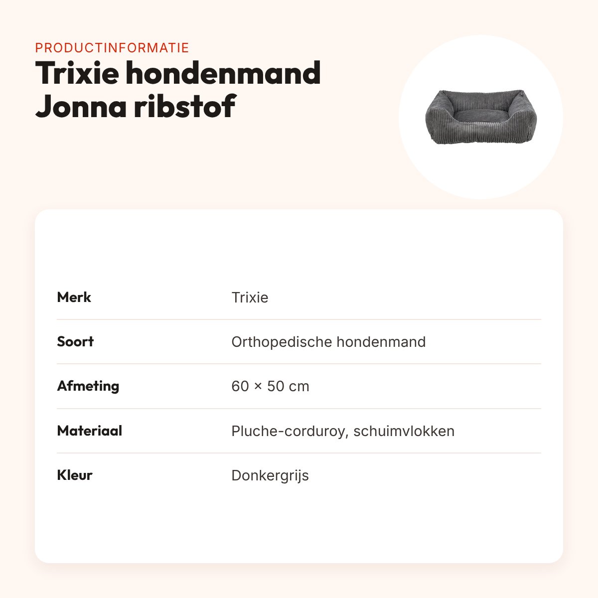 Trixie hondenmand Jonna Vital ribstof donkergrijs 60 x 50 cm – productinformatie