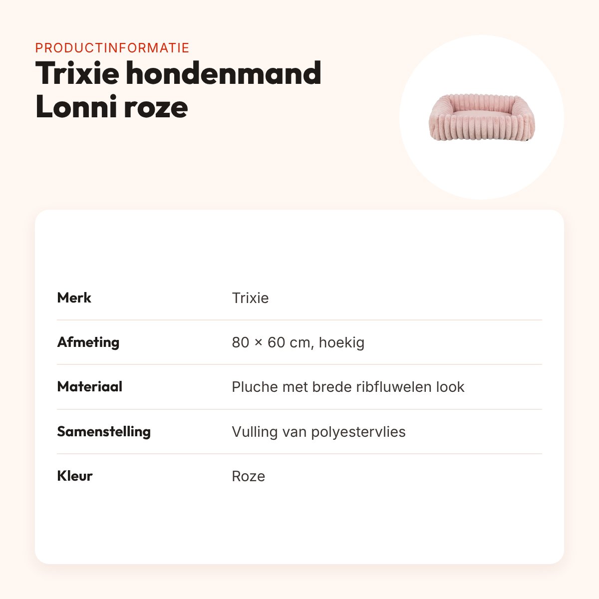 Trixie hondenmand Lonni hoekig ribfluweel roze 80 x 60 cm – productinformatie