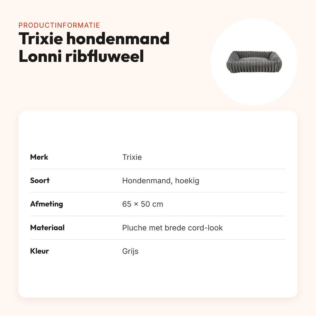 Trixie hondenmand Lonni ribfluweel hoekig grijs 65 x 50 cm – productinformatie