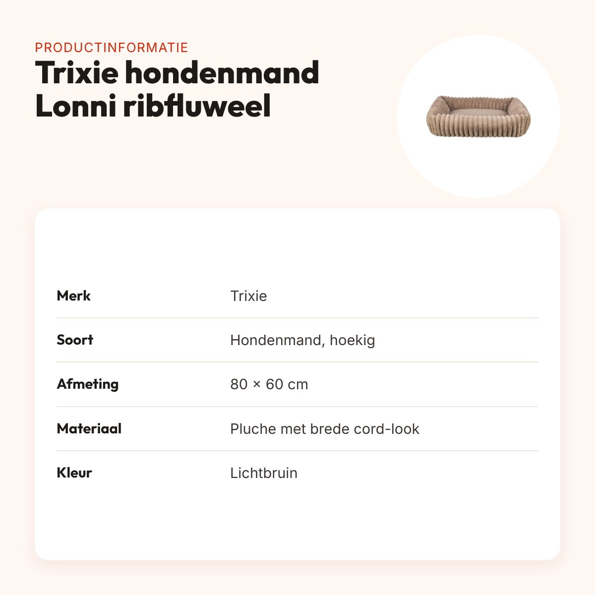 Trixie hondenmand Lonni ribfluweel hoekig lichtbruin 80 x 60 cm – productinformatie