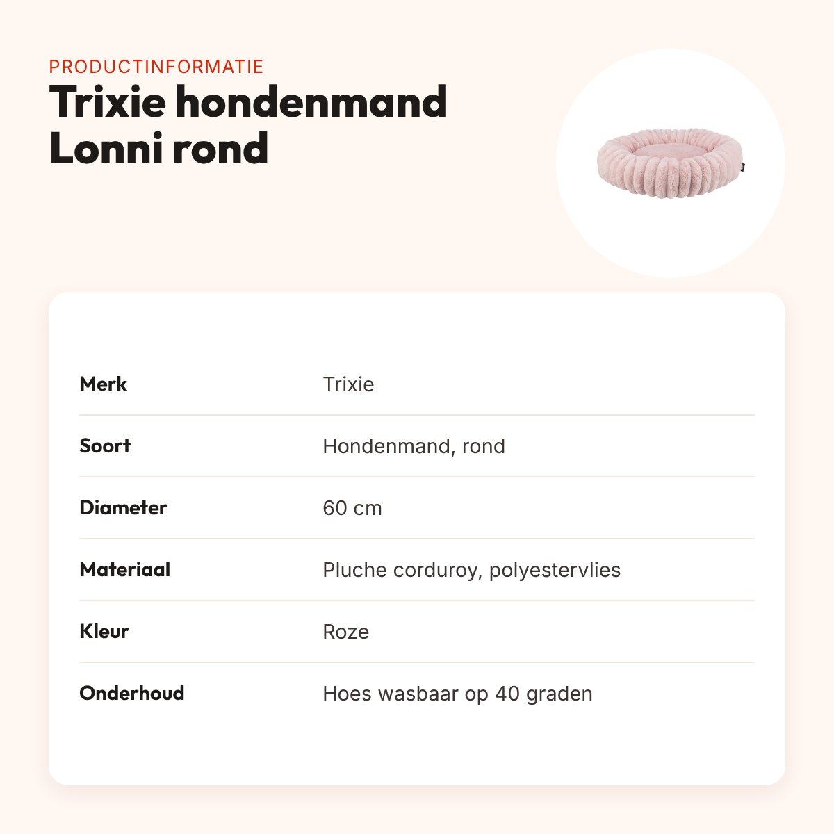 Trixie hondenmand Lonni rond roze 60 cm – pluche corduroy, antislip – productinformatie