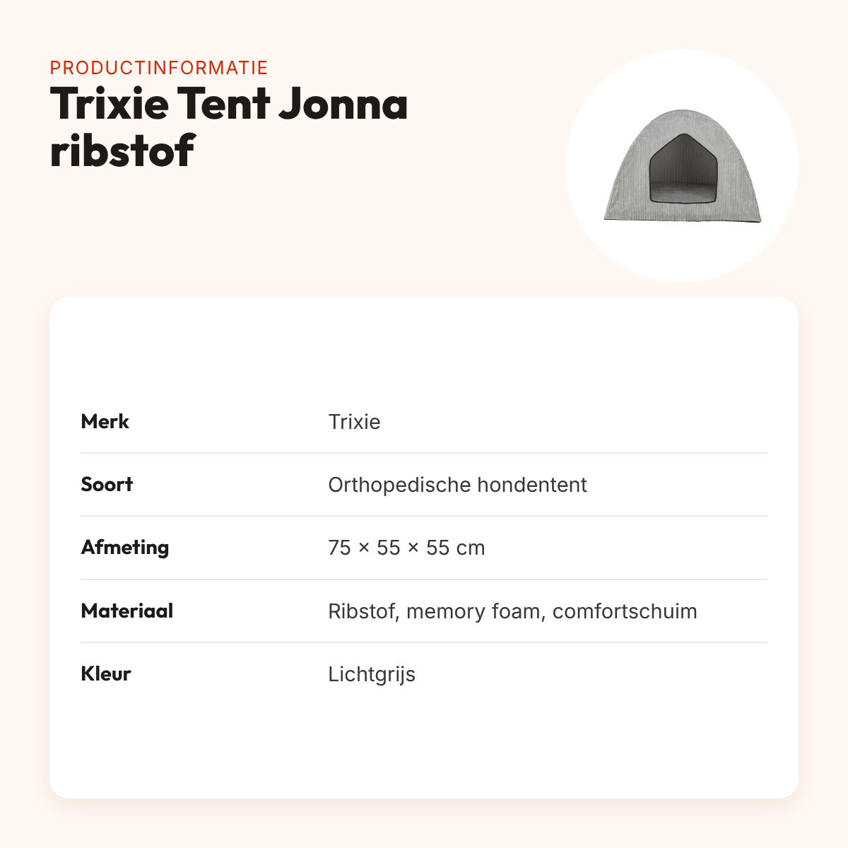 Trixie hondenmand Tent Jonna Vital ribstof lichtgrijs 75 x 55 x 55 cm – productinformatie