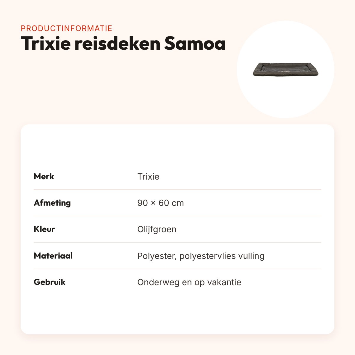 Trixie hondenreisdeken Samoa olijfgroen 90 x 60 cm – compact, slipvast – productinformatie