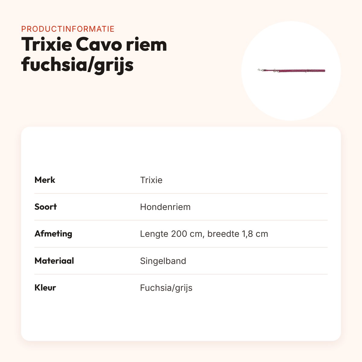 Trixie hondenriem Cavo verstelbaar fuchsia/grijs 200 x 1,8 cm – productinformatie