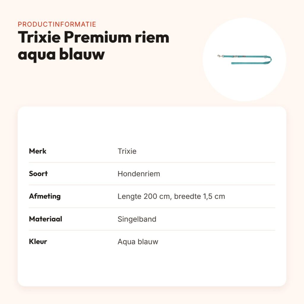 Trixie hondenriem Premium aqua blauw 200 cm x 1,5 cm – verstelbaar – productinformatie