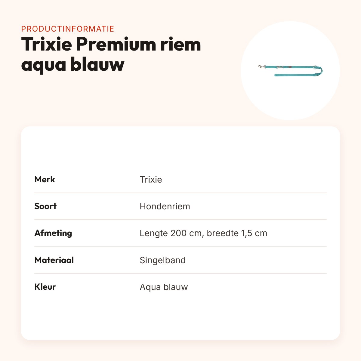 Trixie hondenriem Premium aqua blauw 200 cm x 1,5 cm – verstelbaar – productinformatie