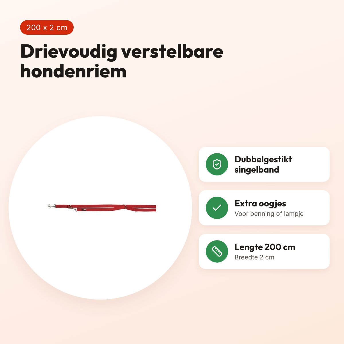 Trixie hondenriem Premium dubbelgestikt verstelbaar rood 200 x 2 cm – voordelen
