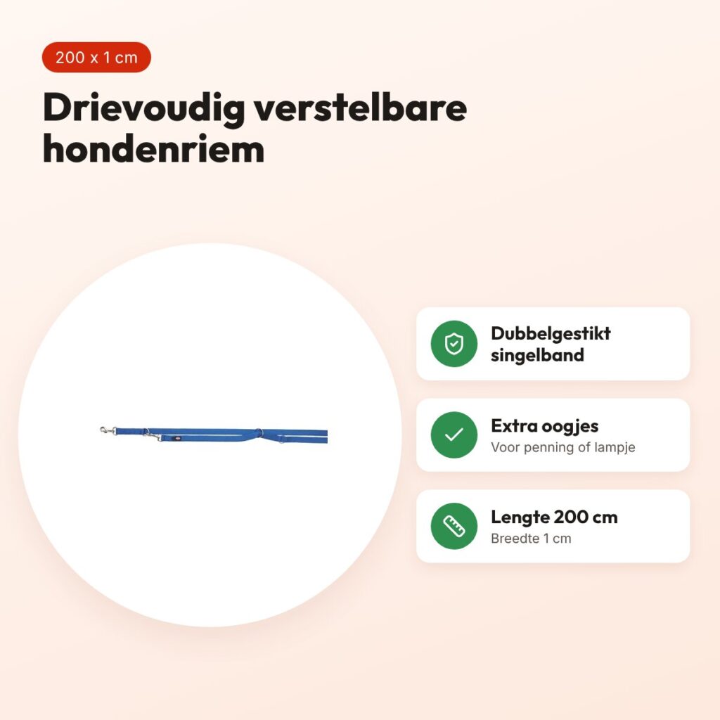 Trixie hondenriem Premium dubbelgestikt verstelbaar royal blauw 200 x 1 cm – voordelen