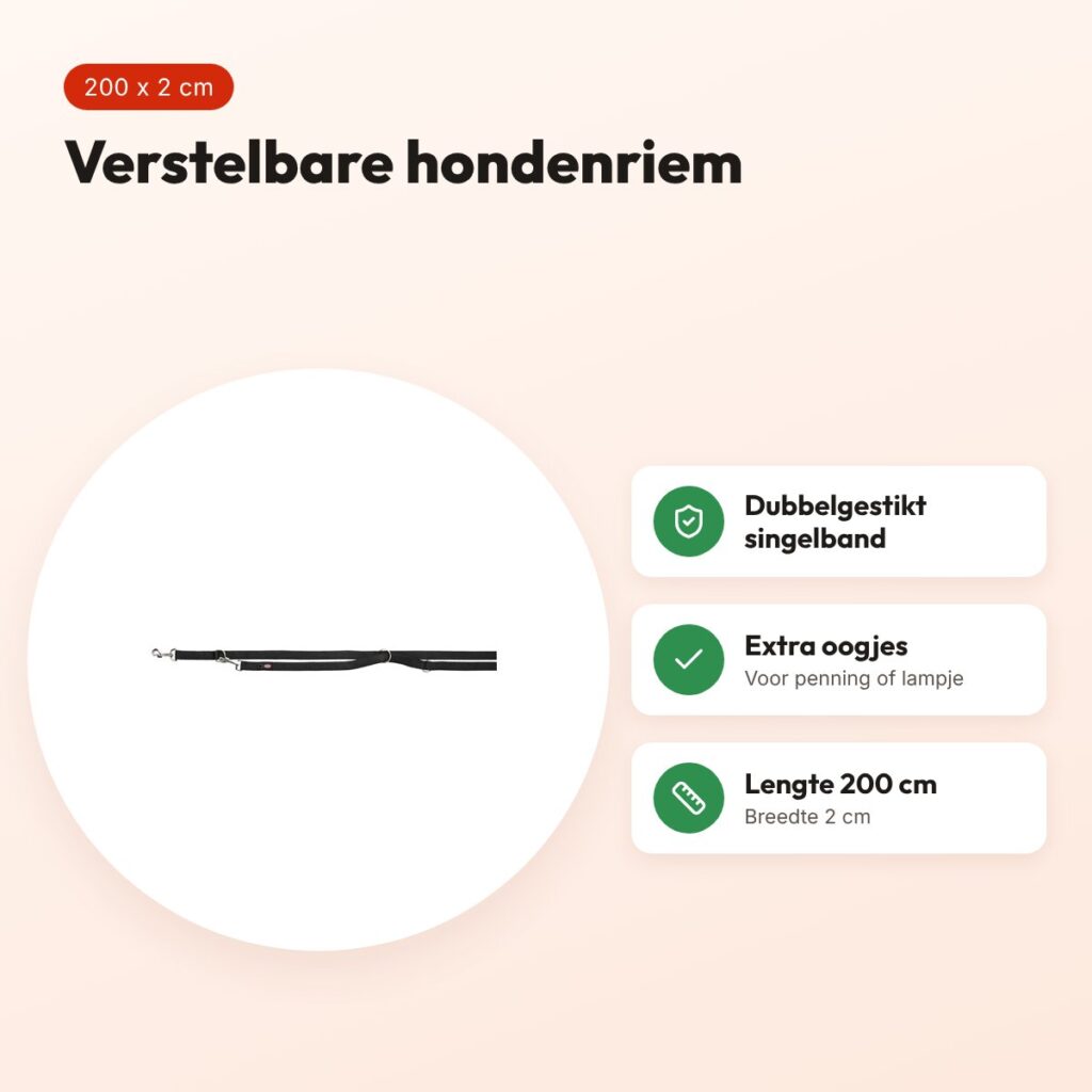 Trixie hondenriem Premium dubbelgestikt verstelbaar zwart 200 x 2 cm – voordelen