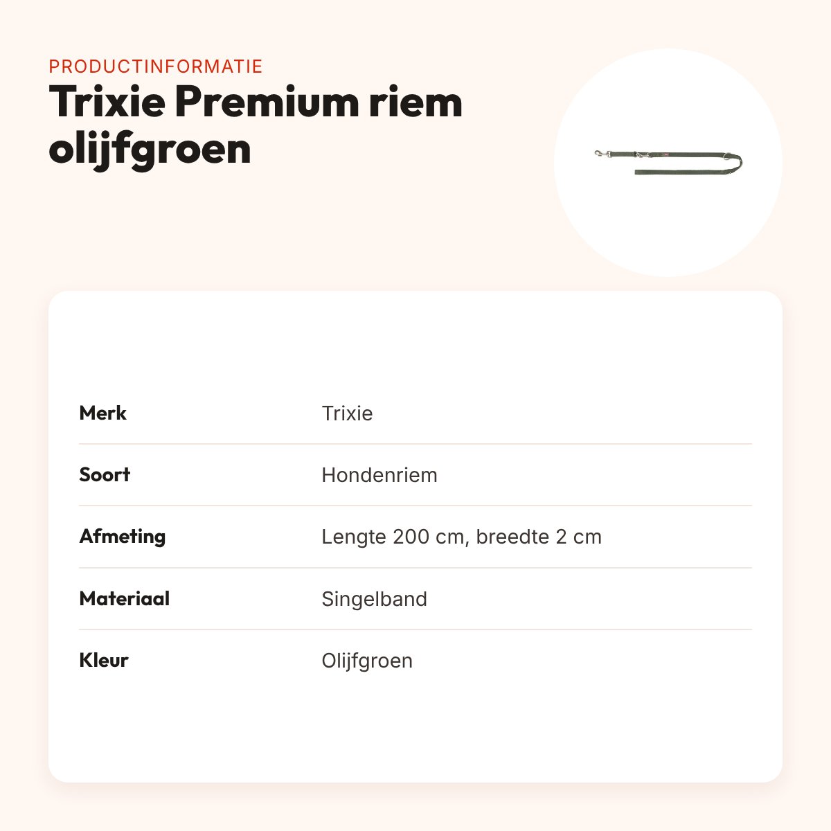 Trixie hondenriem Premium verstelbaar olijfgroen 200 x 2 cm – productinformatie