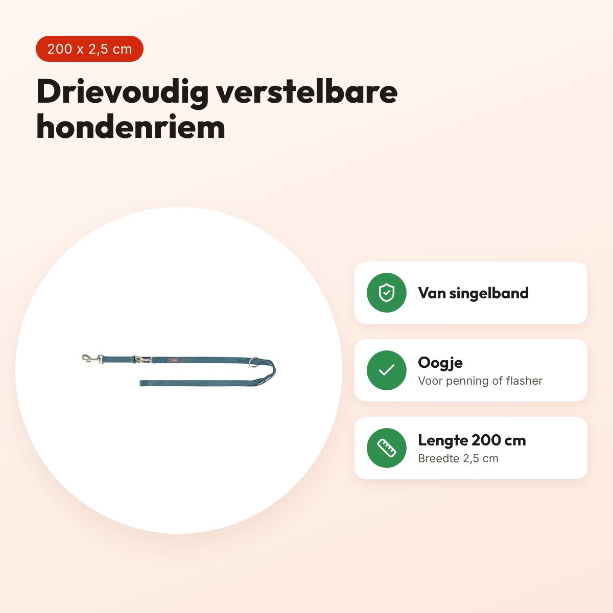 Trixie hondenriem Premium verstelbaar petrol blauw 200 x 2,5 cm – voordelen