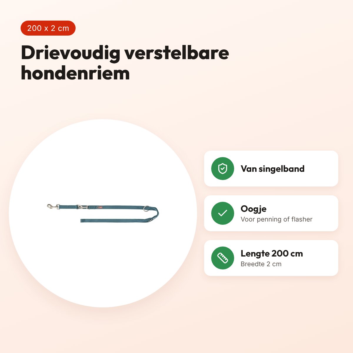 Trixie hondenriem Premium verstelbaar petrol blauw 200 x 2 cm – voordelen