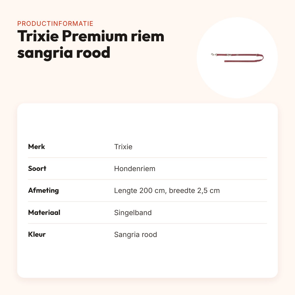 Trixie hondenriem Premium verstelbaar sangria rood 200 x 2,5 cm – productinformatie