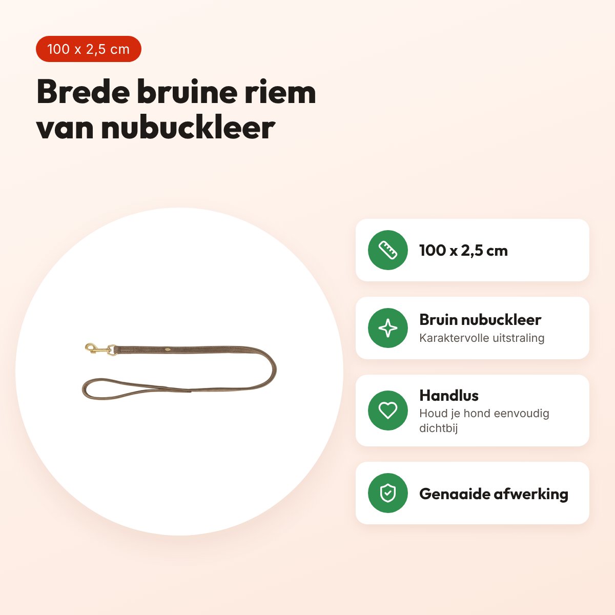 Trixie hondenriem Pure leer bruin 100 x 2,5 cm – nubuckleer – voordelen