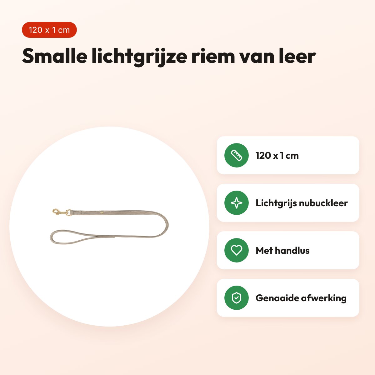 Trixie hondenriem Pure leer lichtgrijs 120 x 1 cm – nubuckleer – voordelen