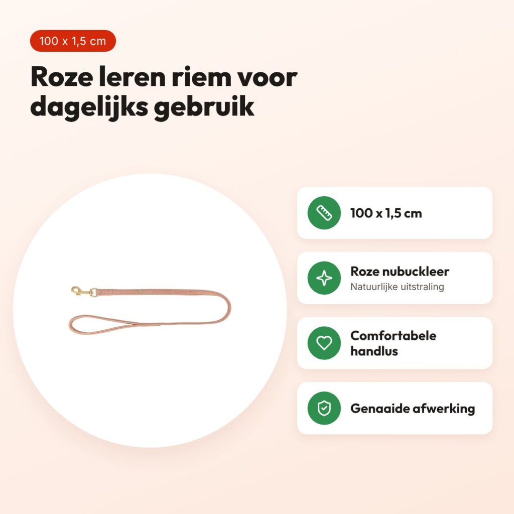 Trixie hondenriem Pure leer roze 100 x 1,5 cm – nubuckleer – voordelen