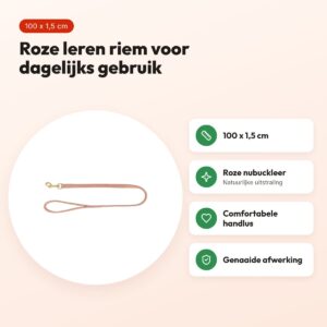 Trixie hondenriem Pure leer roze 100 x 1,5 cm – nubuckleer – voordelen