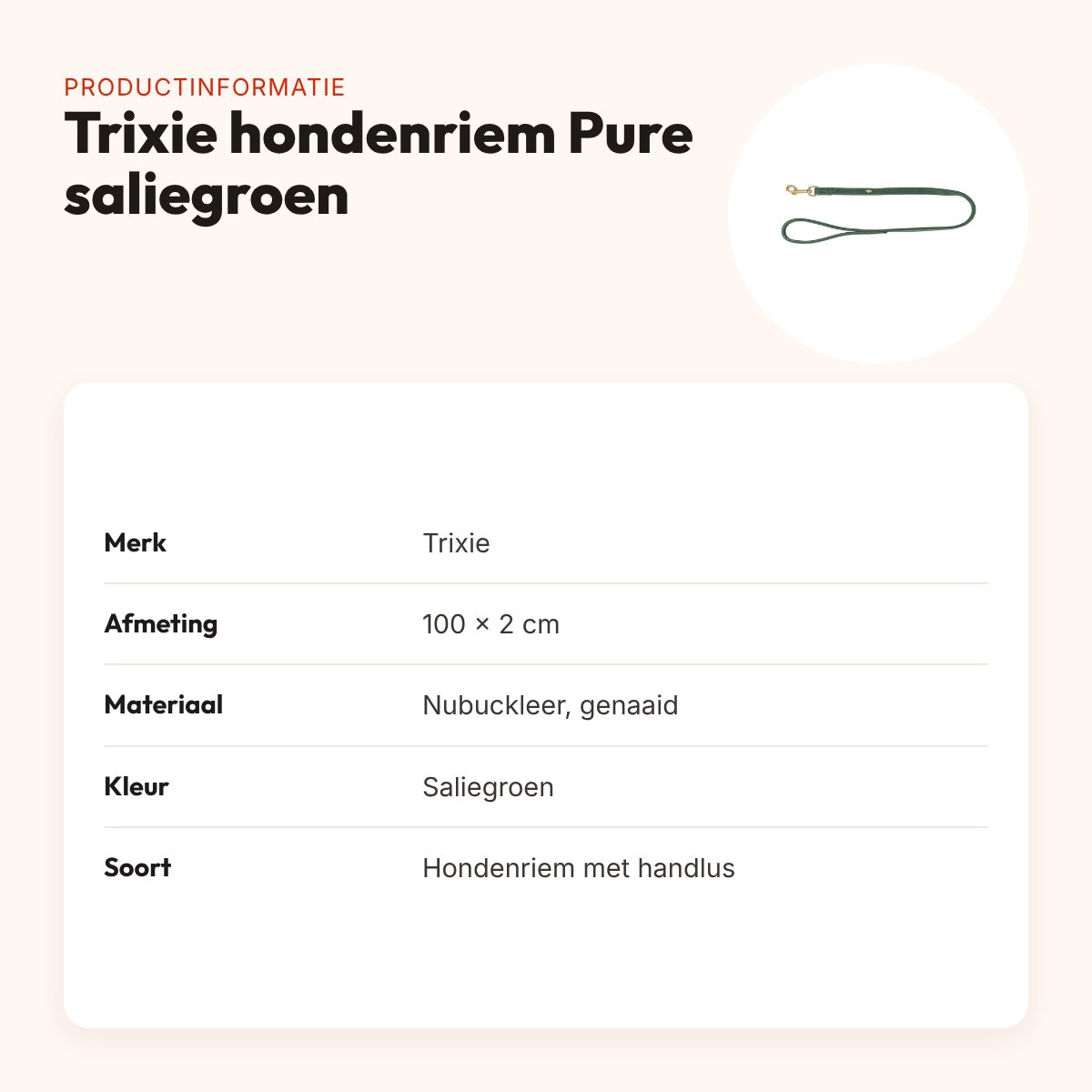 Trixie hondenriem Pure leer saliegroen 100 x 2 cm – nubuckleer – productinformatie