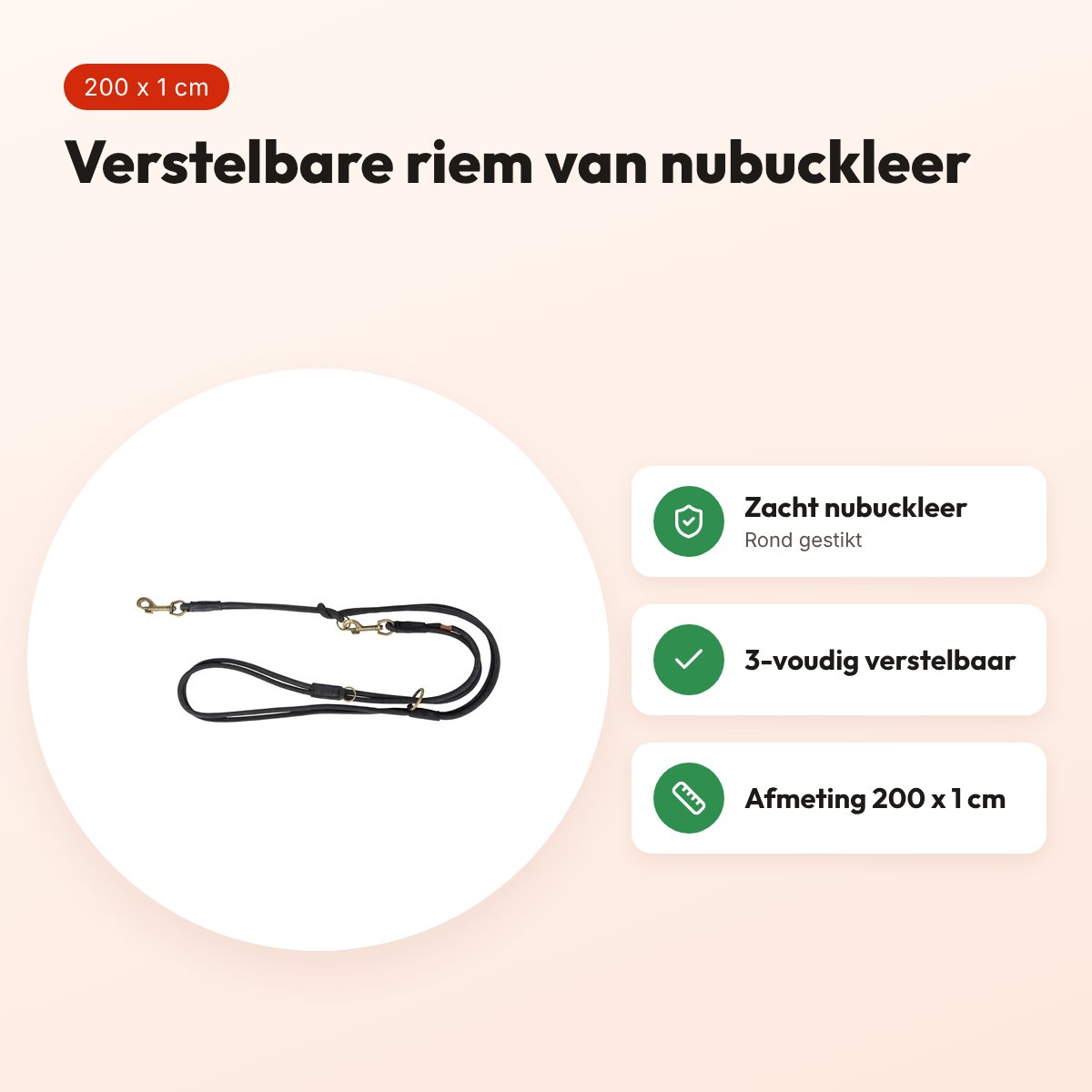 Trixie hondenriem Pure nubuckleer zwart 200 x 1 cm – rond gestikt – voordelen