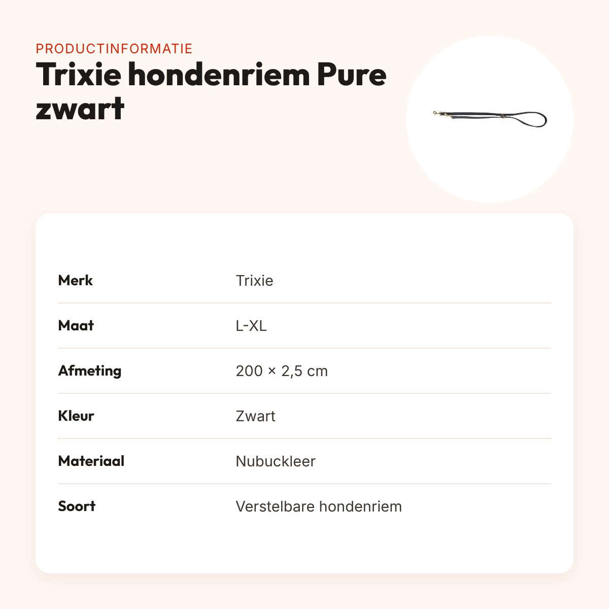 Trixie hondenriem Pure nubuckleer zwart L-XL 200 x 2,5 cm – productinformatie