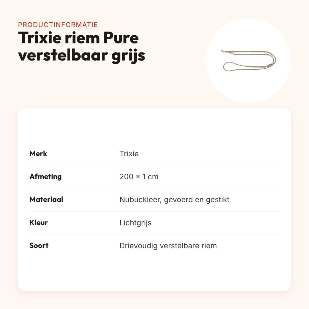 Trixie hondenriem Pure verstelbaar leer lichtgrijs 200 x 1 cm – productinformatie