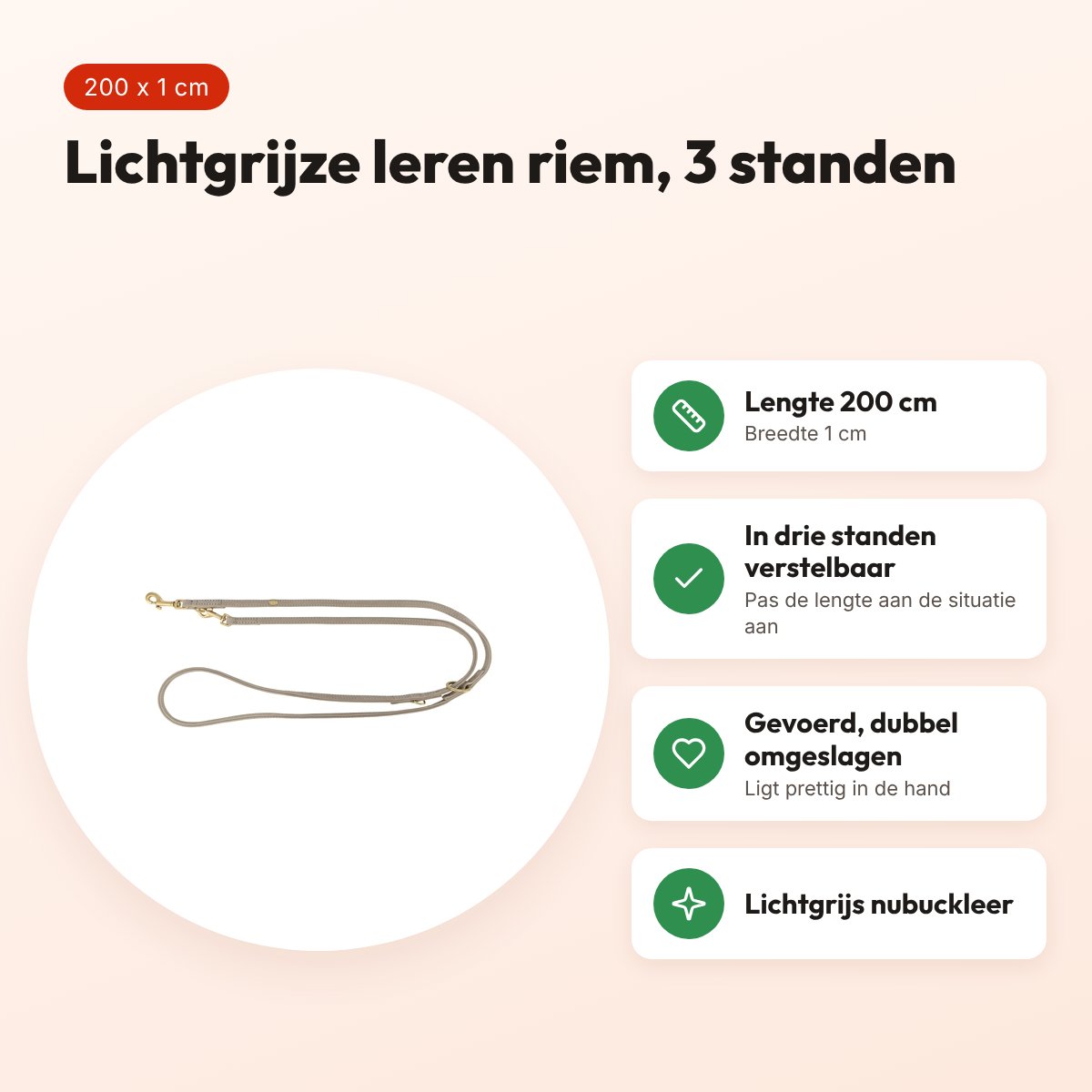 Trixie hondenriem Pure verstelbaar leer lichtgrijs 200 x 1 cm – voordelen