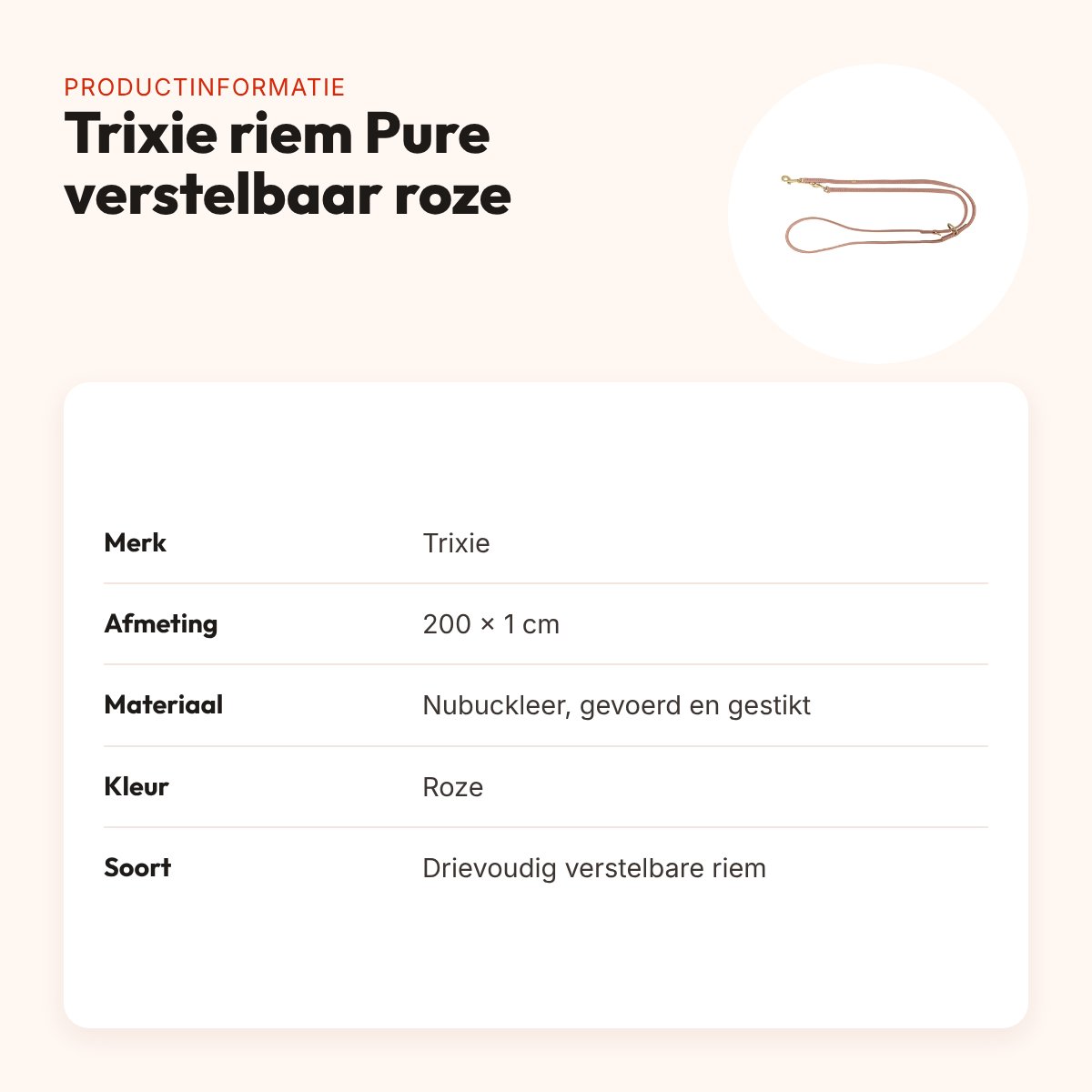 Trixie hondenriem Pure verstelbaar leer roze 200 x 1 cm – productinformatie