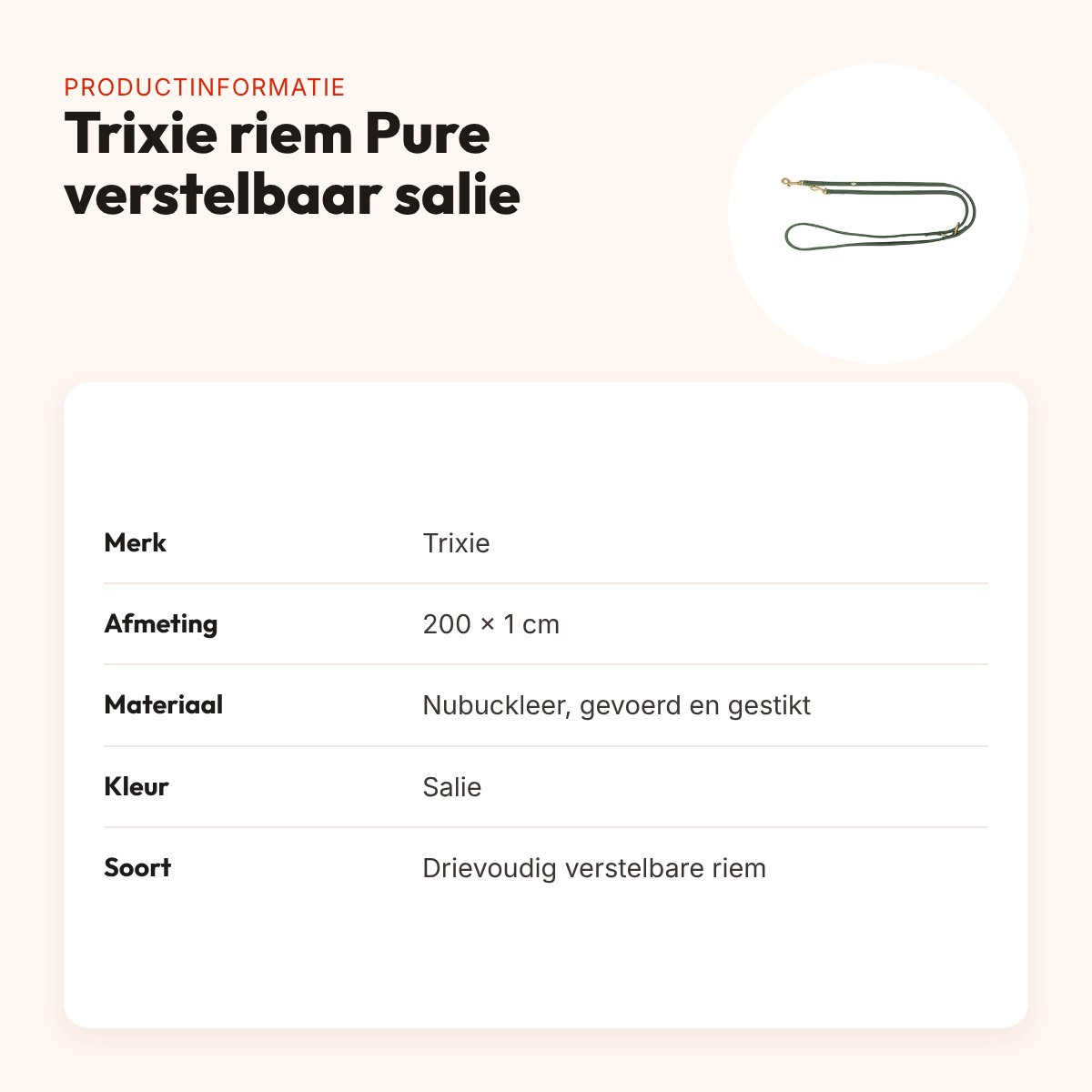 Trixie hondenriem Pure verstelbaar leer salie 200 x 1 cm – productinformatie