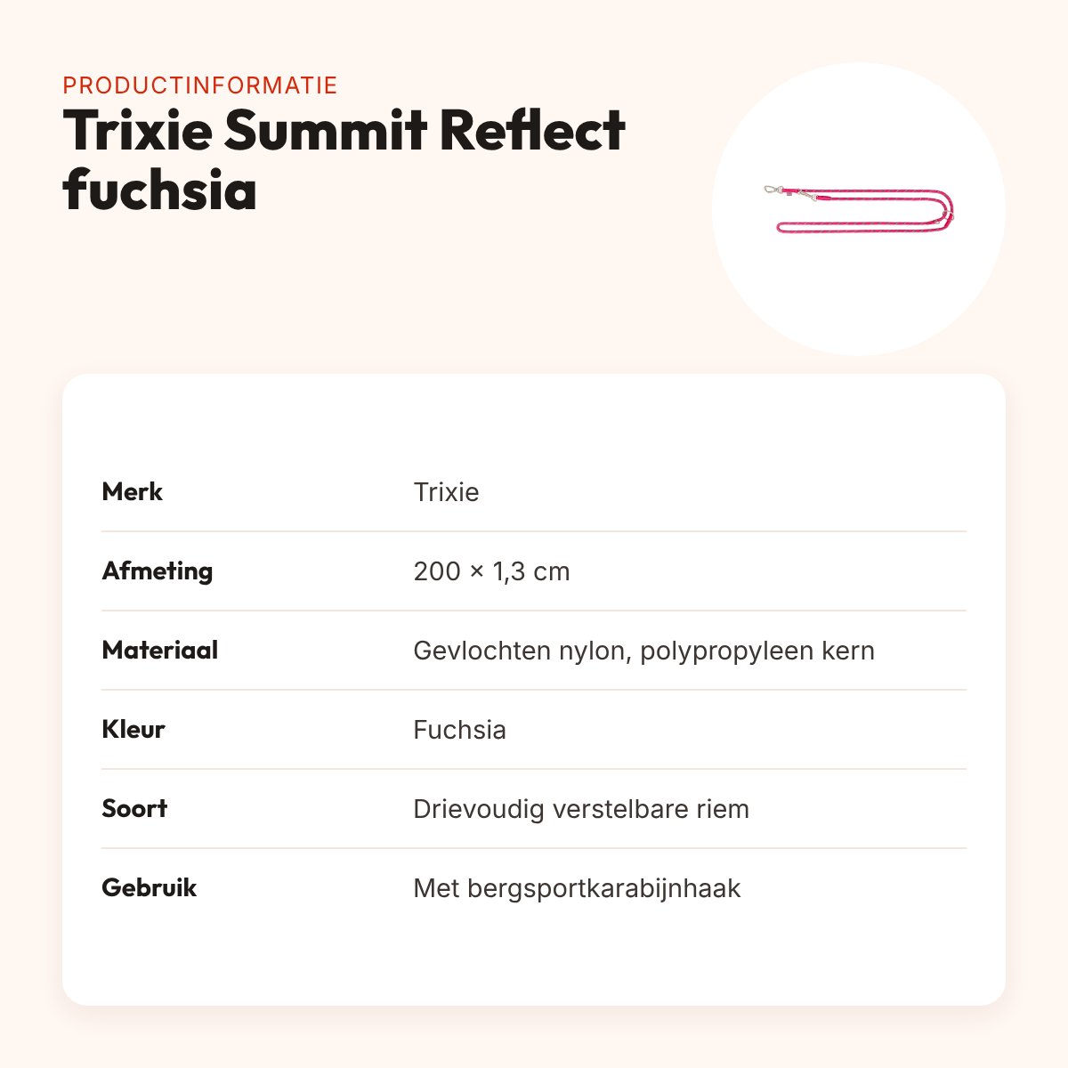 Trixie hondenriem Summit Reflect verstelbaar touw fuchsia 200 x 1,3 cm – productinformatie