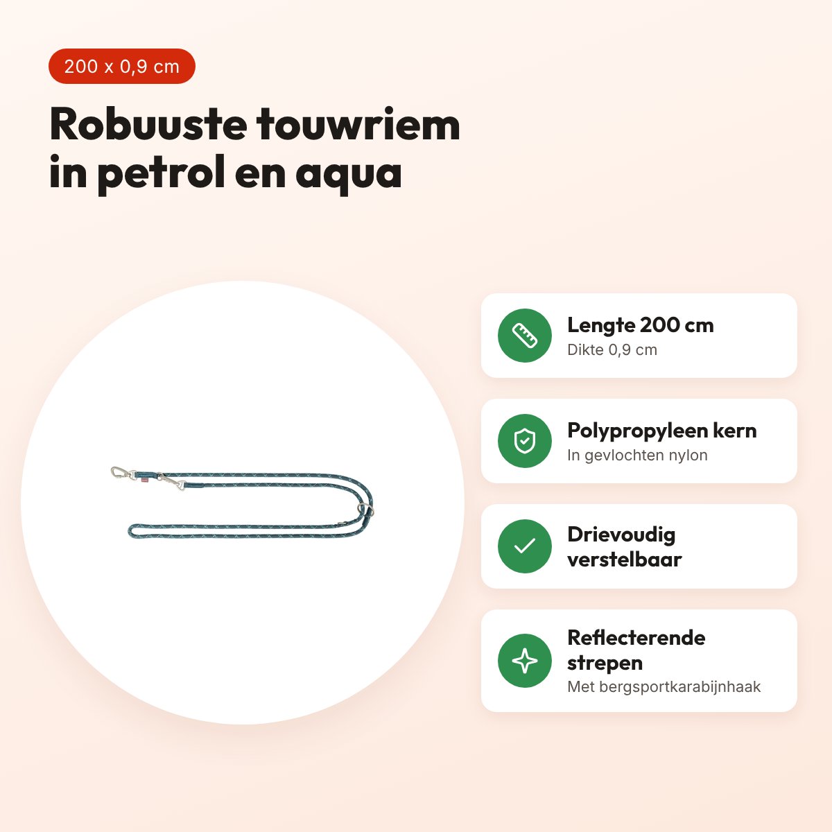 Trixie hondenriem Summit Reflect verstelbaar touw petrol/aqua 200 x 0,9 cm – voordelen