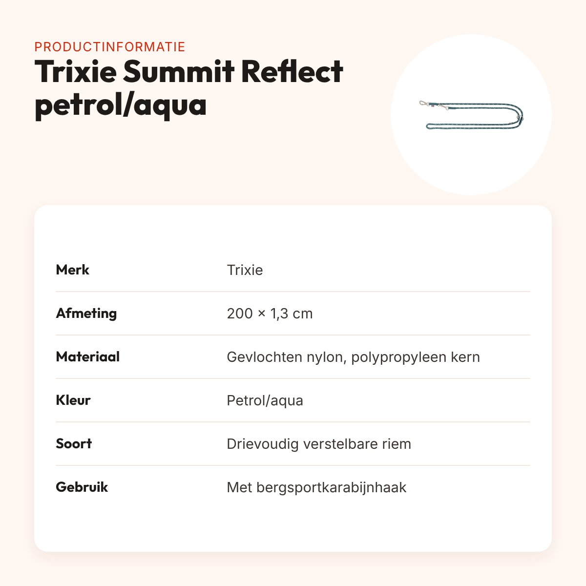 Trixie hondenriem Summit Reflect verstelbaar touw petrol/aqua 200 x 1,3 cm – productinformatie