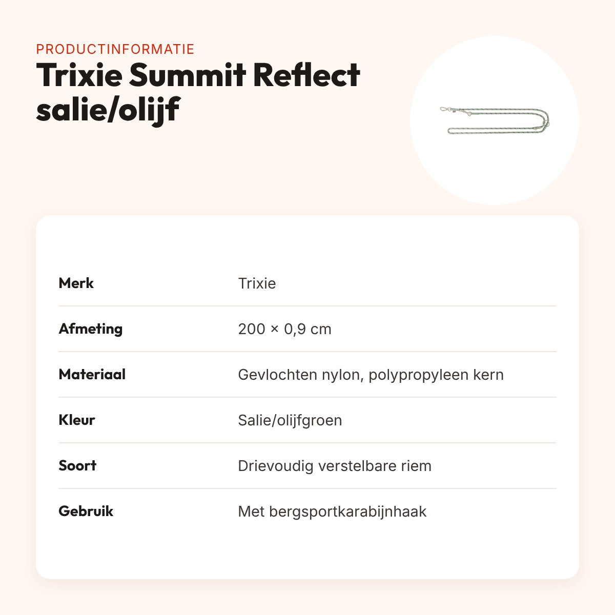 Trixie hondenriem Summit Reflect verstelbaar touw salie/olijf 200 x 0,9 cm – productinformatie