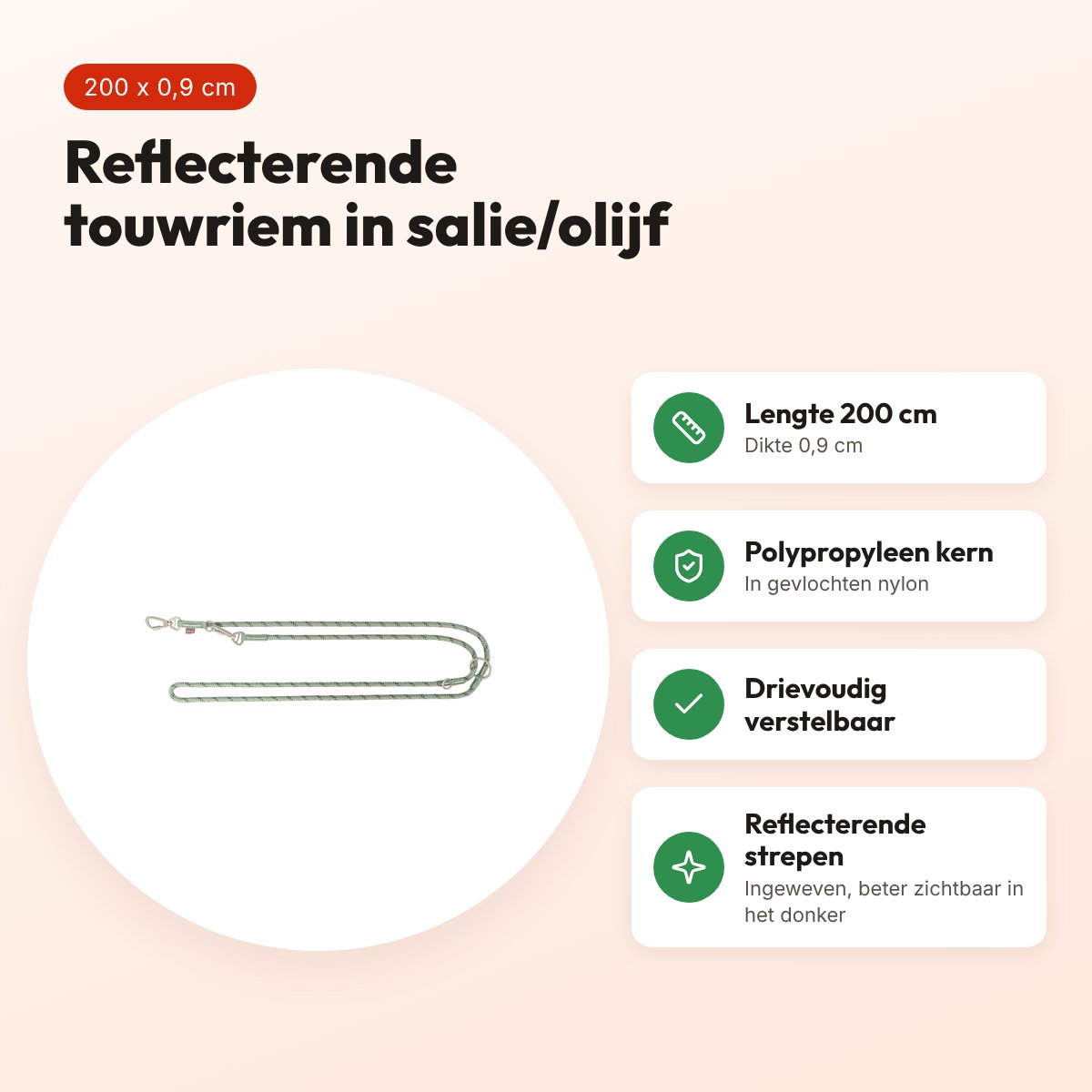Trixie hondenriem Summit Reflect verstelbaar touw salie/olijf 200 x 0,9 cm – voordelen