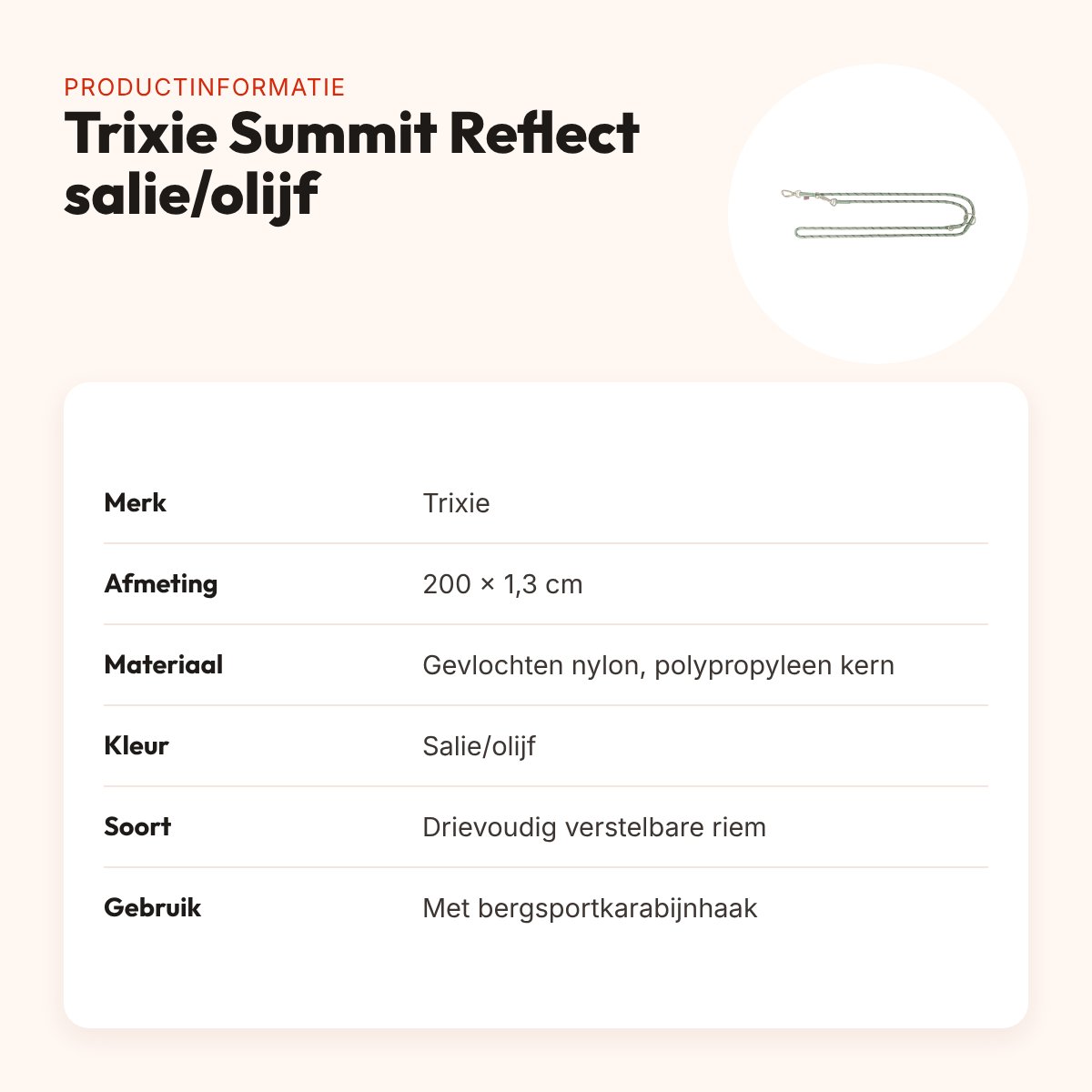 Trixie hondenriem Summit Reflect verstelbaar touw salie/olijf 200 x 1,3 cm – productinformatie