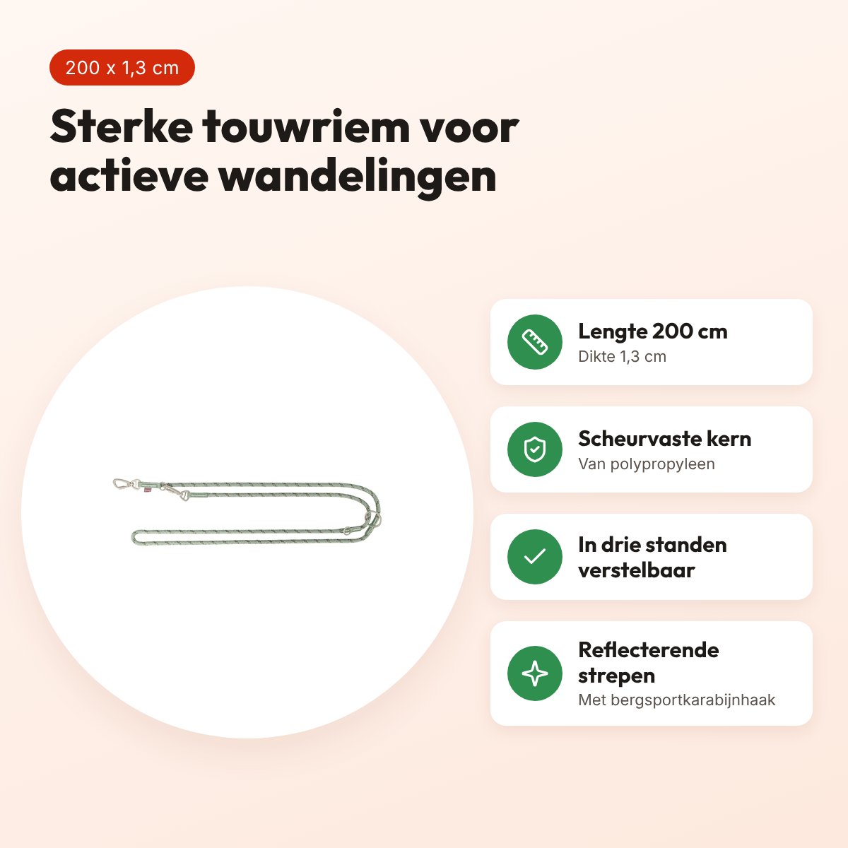 Trixie hondenriem Summit Reflect verstelbaar touw salie/olijf 200 x 1,3 cm – voordelen