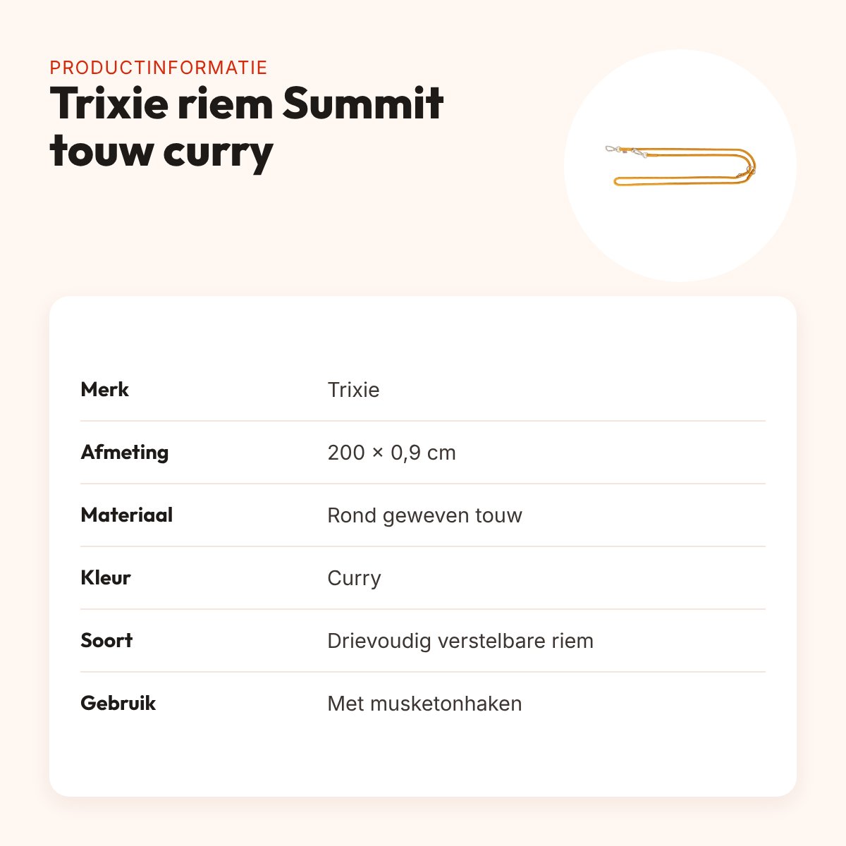 Trixie hondenriem Summit verstelbaar rond touw curry 200 x 0,9 cm – productinformatie